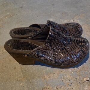 Snakeskin Brown Clogs, 3 Inches High